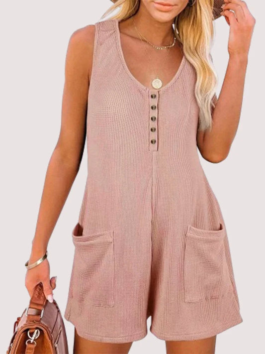 Women Loose Overalls Boho Solid Color V Collar  Pocket Sleeveless Rompers Summer Casual Clothes Short Jumpsuit Badiee Stylez