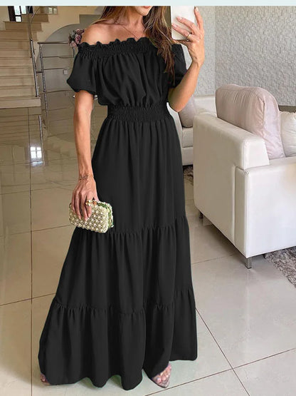 2025 Summer Solid Boho Dress Women Fashion Elegant Beach Party Dress Casual Slash Neck Office Maxi Dresses For Woman Robe Femme 1