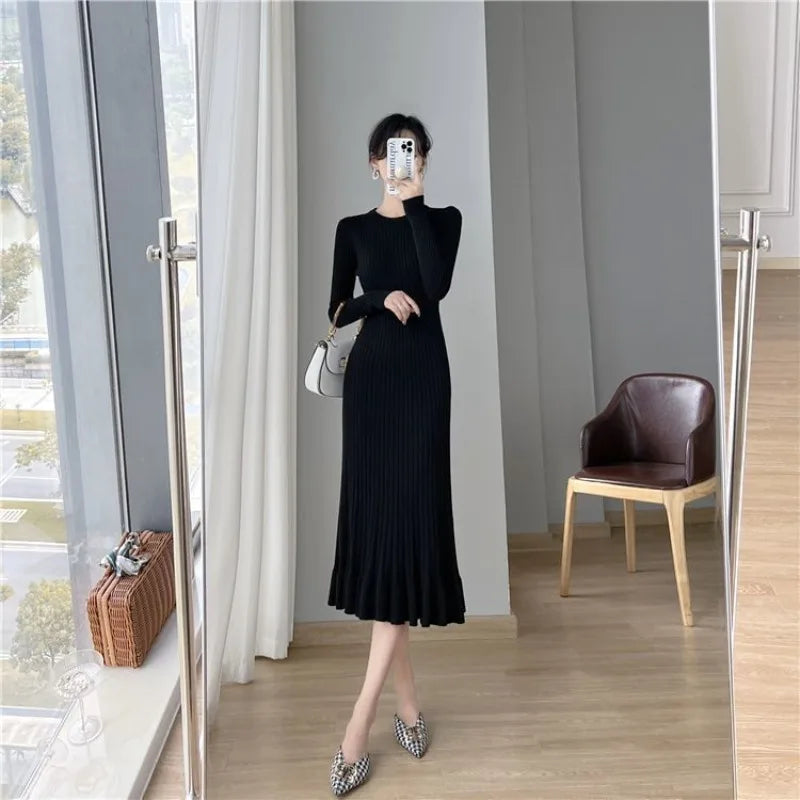 Dresses for Women Cover Up Midi Formal Clothes Solid Woman Dress Knee Length Black White Crochet Trendy Korean Fashion Knitted Badiee Stylez