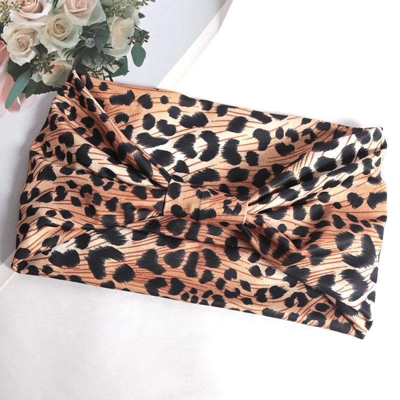 Women Wide -Side Pilates Elastic Hair Bands Yoga Leopard Print Headband Running Cycling Turban Makeup Hair Hoop Makeup Headwrap A