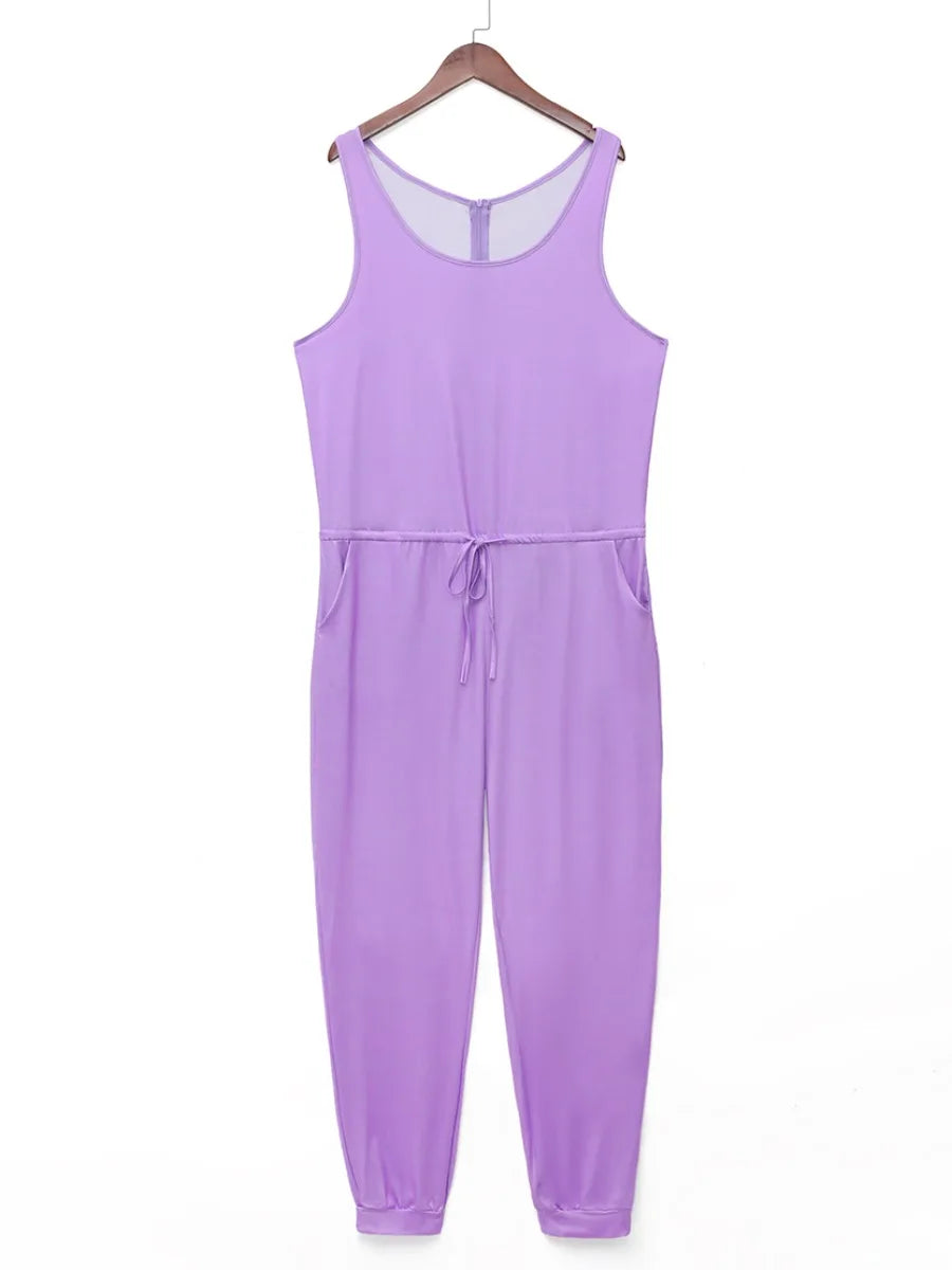 LW Women's Big Size Jumpsuit 2025 Spring Summer Plus Size Drawstring Cami One Piece Jumpsuits Women Full Length Romper Woman