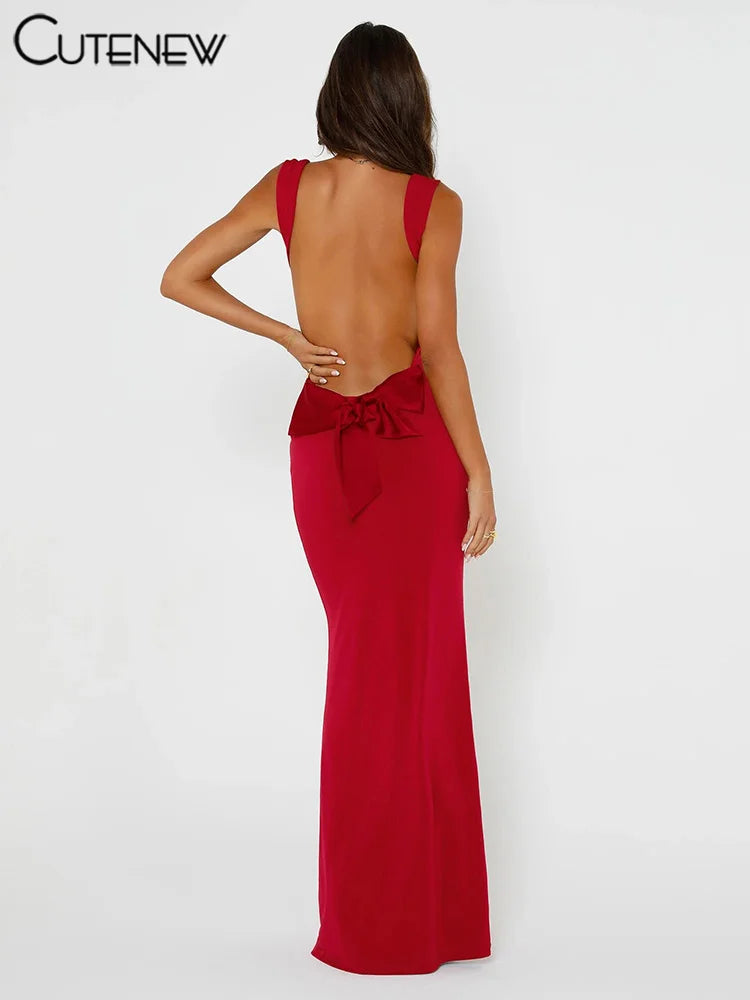 Cutenew Women's Elegant Solid Maxi Dress Sexy Halter Spaghetti Lady Long Dresses Bowknot Lace-up Girl Backless Female Party Robe Red