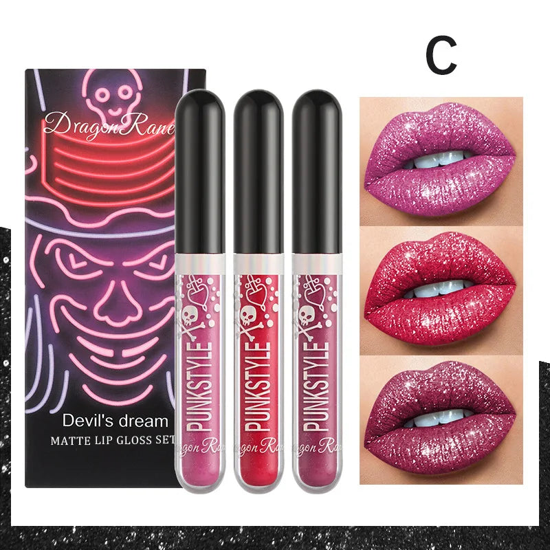 3pcs Glitter Lipstick Set Waterproof Sexy Blue Purple Black Lip Gloss Shiny Lip Tint Halloween Lip Makeup Tool Korean Cosmetics C Set