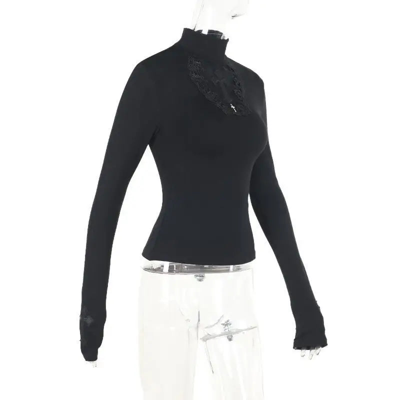 Turtleneck Top Y2k Clothes Black Gothic Cross Hollow Slimming Bottom T Shirt for Women Long Sleeve Sexy T-shirt Girls Tops Badiee Stylez
