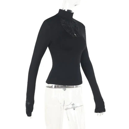 Turtleneck Top Y2k Clothes Black Gothic Cross Hollow Slimming Bottom T Shirt for Women Long Sleeve Sexy T-shirt Girls Tops Badiee Stylez