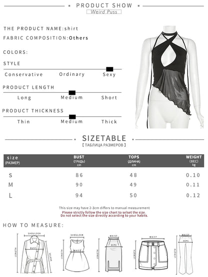 Weird Puss Cross Halter Women Tank Tops Hollow Out Backless Sleeveless Irregular Mesh Patchwork Solid Sexy Wild Party Clubwear