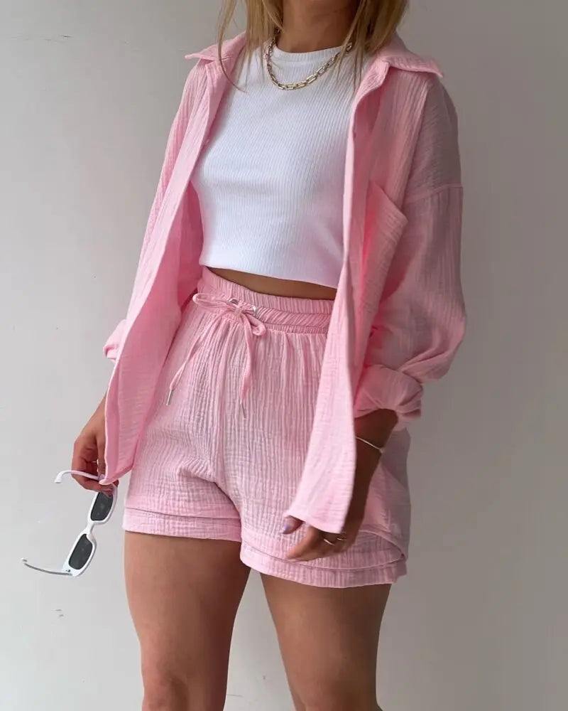 Short Sets Women Tracksuit Single Breasted Cardigan Blouses Two Pieces Shorts Loose Button High Street Solid Pockets Folds