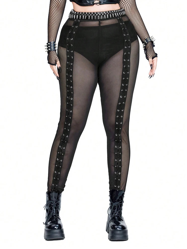 Plus Size Rave Coachella Women's Cock Eye Webbing Drawstring Tie-Up Mesh Spliced Mesh Trousers Punk Style Black
