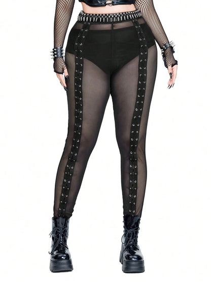 Plus Size Rave Coachella Women's Cock Eye Webbing Drawstring Tie-Up Mesh Spliced Mesh Trousers Punk Style Black