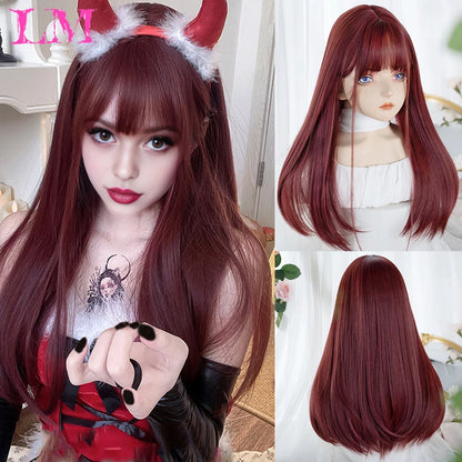 LM Long Silky Straight Synthetic Wigs with Bangs Black Cosplay Party Lolita Hair Wigs for Women Natural Heat Resistant Wig 4 30HL