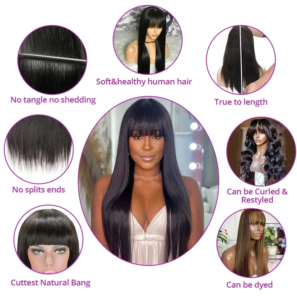 Bone Straight Human Hair Wig With Bangs For Women 30 Inch Brazilian 3x1 Lace Wigs Glueless Wig Human Hair Natural Black Color Badiee Stylez