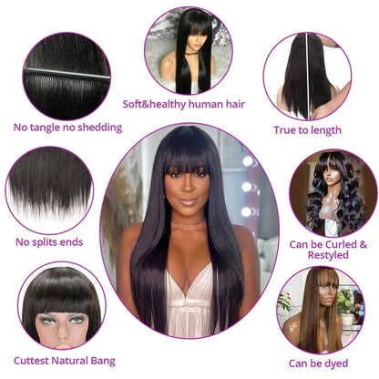 Bone Straight Human Hair Wig With Bangs For Women 30 Inch Brazilian 3x1 Lace Wigs Glueless Wig Human Hair Natural Black Color Badiee Stylez