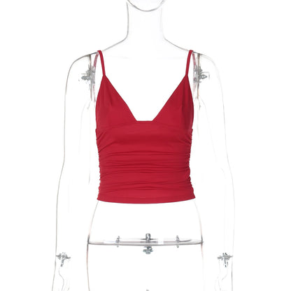 Hugcitar V Neck Solid Ruched Sexy Slim Y2K Crop Tank Top Summer Women Fashion Casual New Clothes Streetwear Beach Vacation
