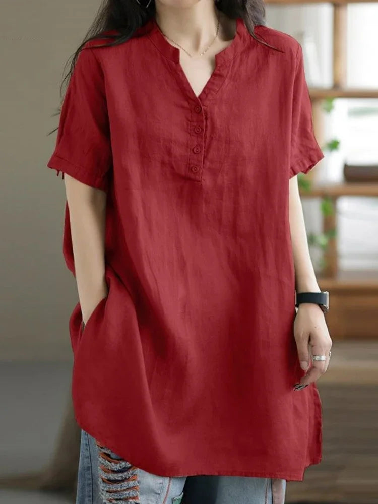 2024 Summer Fashion Cotton and Hemp Women's Shirt Commuting Style Casual Half Open Short Sleeve Casual Shirt Top Red