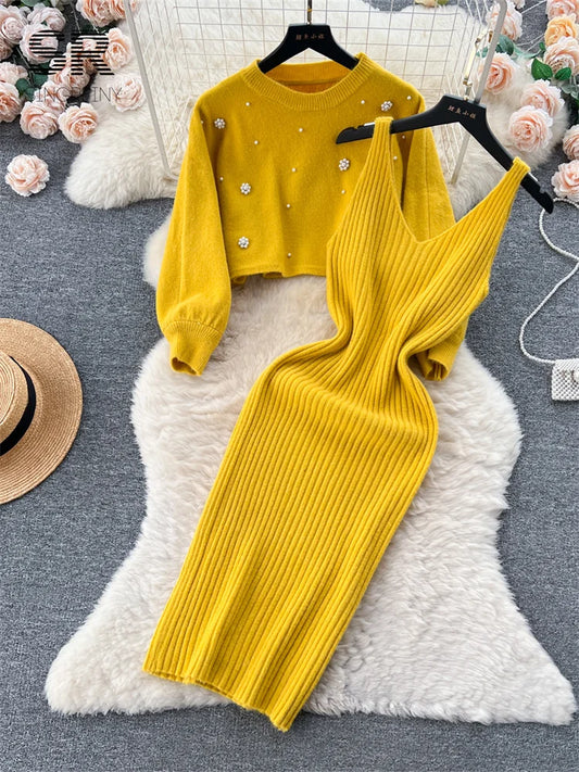 SINGREINY Beading Casual Two Piece Set Women Long Sleeve O Neck Pullover Midi Dress Fashion 2023 Winter Sweater Suit Dresses Badiee Stylez