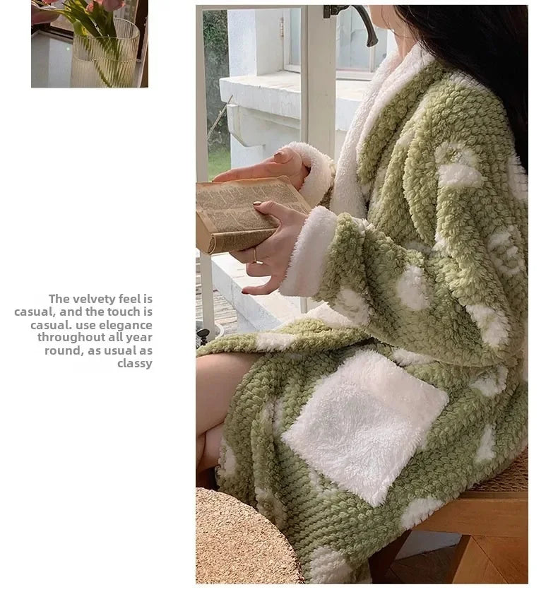 Women's Pajamas Cute Pijama Winter Sleepwear Warm Robe Sets Long Home Wear Bathrobe Plus Velvet Warmth Coral Fleece Nightgown