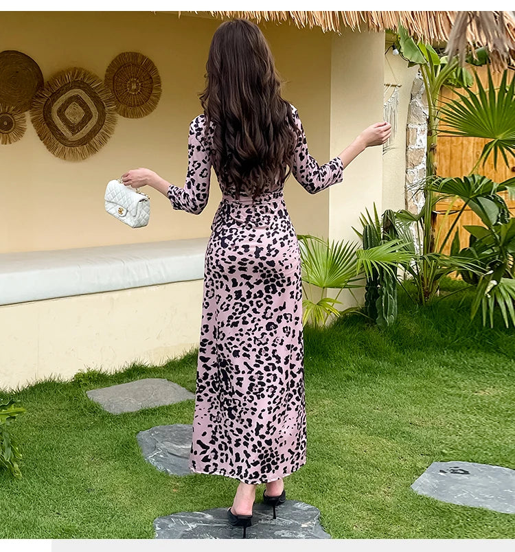 ZAROY Leopard Print Luxury Women Wrap Dresses Elegant V Neck Party Evening Long Dress Casual Belted Holiday Beach Robe Vestidos