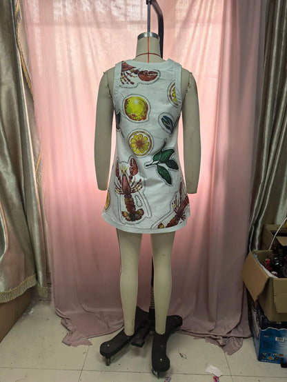 Women Sleeveless Dress Cute Sardines Fish Graphic Print Summer New Short Dress Beach Vacation Party Girl Skirts Dress