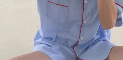 Women's Striped Solid Color Pajamas Short Sleeve Shorts Cardigan with Lapel Student Homewear Two-Piece Set Girl Sleepwear