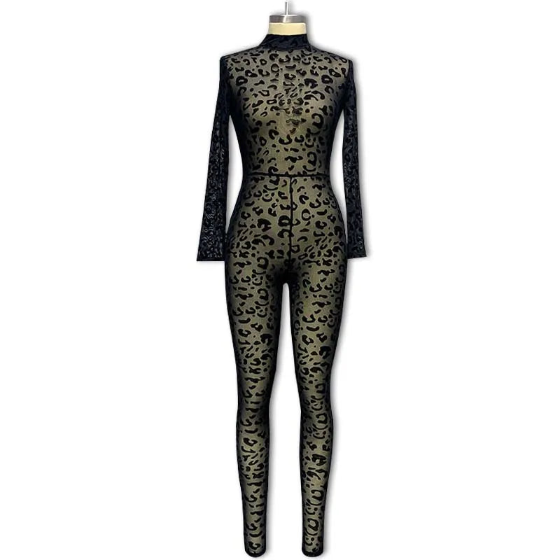 New women's Western style jumpsuit slim long sleeve sexy flocking perspective slimming jumpsuit Badiee Stylez