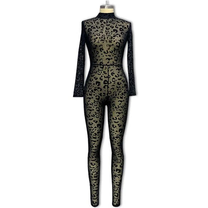 New women's Western style jumpsuit slim long sleeve sexy flocking perspective slimming jumpsuit Badiee Stylez
