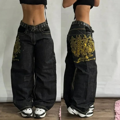 2000s Baggy Jeans Women New Harajuku Hip Hop Wing Print Oversized Jeans Gothic High Waist Wide Leg Pants Men Trousers Streetwear Badiee Stylez