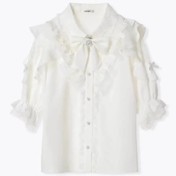 Japanese Kawaii Lolita Lace Patchwork Women Blouses 2025 Summer Harajuku Single Breasted Sweet Shirts Girly JK Bow Tops & Tees 42427