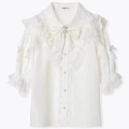 Japanese Kawaii Lolita Lace Patchwork Women Blouses 2025 Summer Harajuku Single Breasted Sweet Shirts Girly JK Bow Tops & Tees 42427
