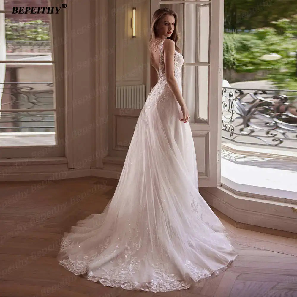BEPEITHY Customized Strapless A Line Off Shoulder Long Sleeves Bride Ivory Wedding Dresses Glitter Court Train Bridal Gown 2025 Badiee Stylez