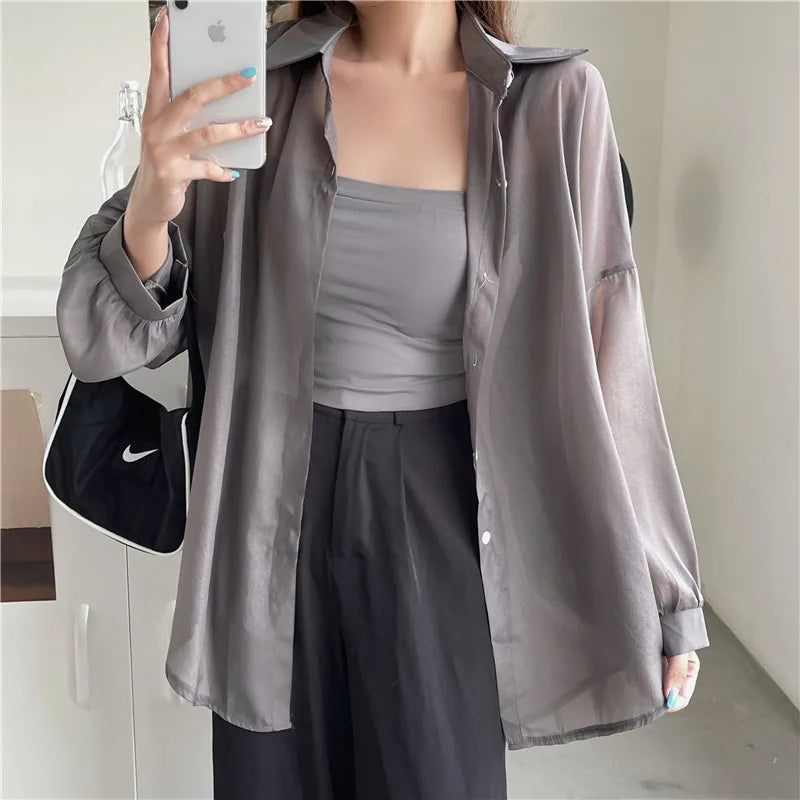 Semi Sheer Long Sleeve Shirt for Women Shimmer Button Down Collared Plain Lightweight Shirt Spring Summer Chic Tops Outfit