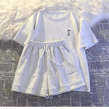 Summer Casual Fashion Embroidered Short Sleeve Shorts Set Women Loose Two Piece Comfortable Sports Set White Outwear Badiee Stylez