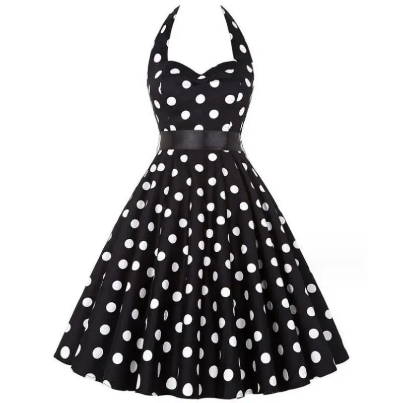 Women Summer Polka Dot Vintage Dress Fashion Party Office Lady Rockabilly Big Swing Halter Clothes black