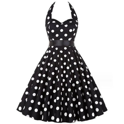 Women Summer Polka Dot Vintage Dress Fashion Party Office Lady Rockabilly Big Swing Halter Clothes black
