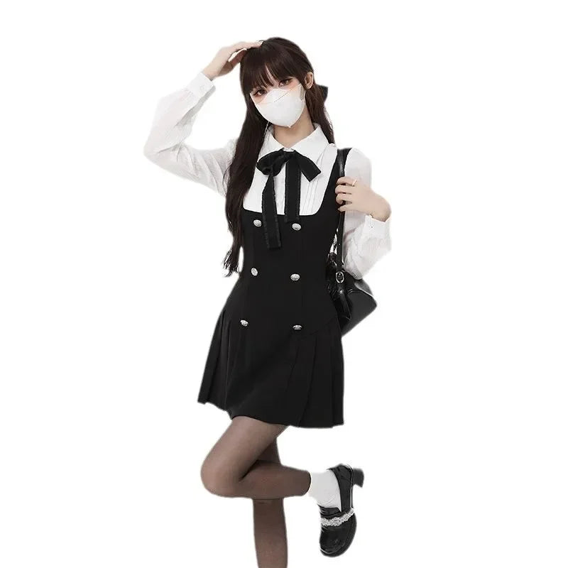 French Style Long Sleeve Mini Dress Women's Autumn Winter Slimming Design A- Line Skirt Polyester Fiber Polo Collar Empire Waist Badiee Stylez