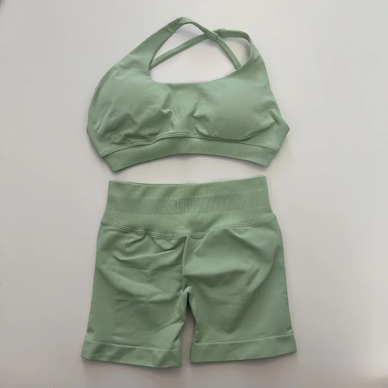 No Logo Yoga Asymmetric Gym Set Women Seamless Yoga Set Workout Shorts Sets Halter Sports Bra Scrunch Bum Shorts Fitness Clothes Badiee Stylez