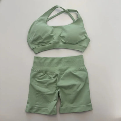 No Logo Yoga Asymmetric Gym Set Women Seamless Yoga Set Workout Shorts Sets Halter Sports Bra Scrunch Bum Shorts Fitness Clothes Badiee Stylez