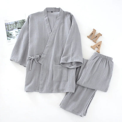 2025 Japanese Kimono Set 100%Cotton Pajamas Two-piece Couple Yukata Loose Men's And Women's Sweat Steaming Suit Home Service Set Male 01