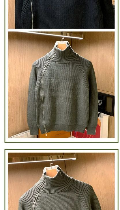 2025 Trendy Brand Solid Color Half Turtleneck Sweater for Men in Winter Personalized Side Zipper Sweater Design Warm Top Badiee Stylez
