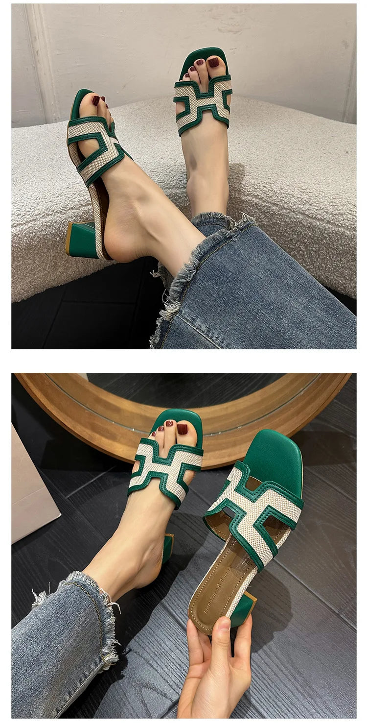 2025 Summer new arrival,fashion style grids high heel slippers for woman,thick heel outwear beach sandals for women