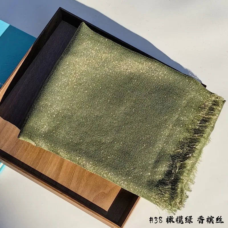 Lastest Brand Design Scarf Shiny Solid Color Shawls Rayon Fabric Gold Silk Silver Wire Head Shawl Fringe Hijab For Women 38