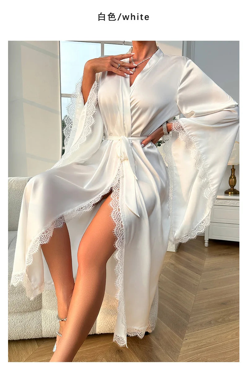 Long Bride Wedding Robe Women Elegant Sleepwear Big Sleeve Lace Full Slip Kimono Loungewear Soft White Rayon Home Dressing Gown