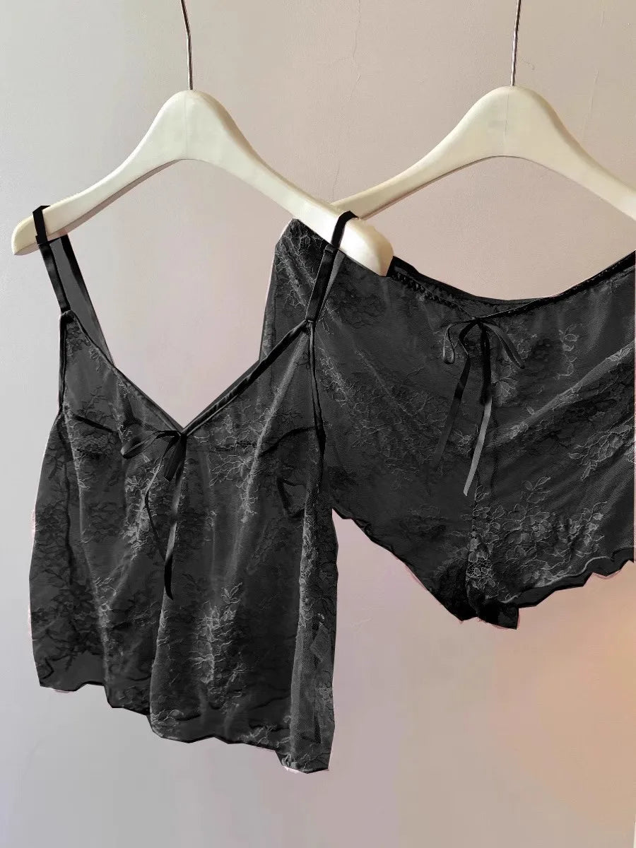 ElyraLux Women Harness Pajama Suspender Shorts for Women Pajamas Set Lace Silk Lingerie Pyjamas Shorts Set Pink lace pajamas Black CHINA