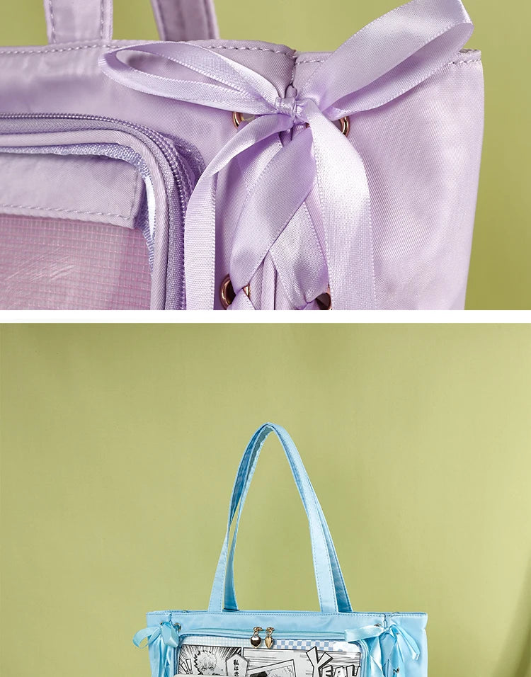 Japanese Large Capacity Satin Ribbon Ita Bag Sweet Girl Anime Transparent Tote Bag Lolita Shoulder Bags Clear Pvc Handbags