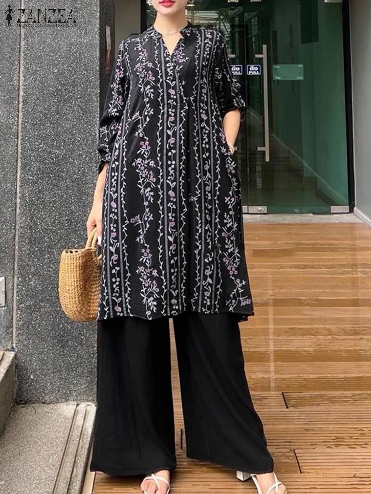2025 ZANZEA Fashion Autumn Long Shirt Pant Suits Women Outfts 2 Piece Sets Long Sleeve Printed Tops Trousers Casual Tracksuits Badiee Stylez