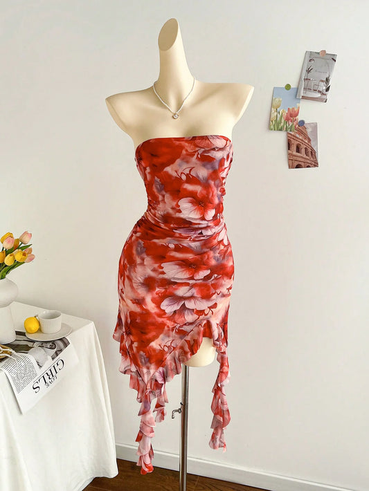 New spring/summer ladies sexy strapless, backless hemline irregular mini dress 02675