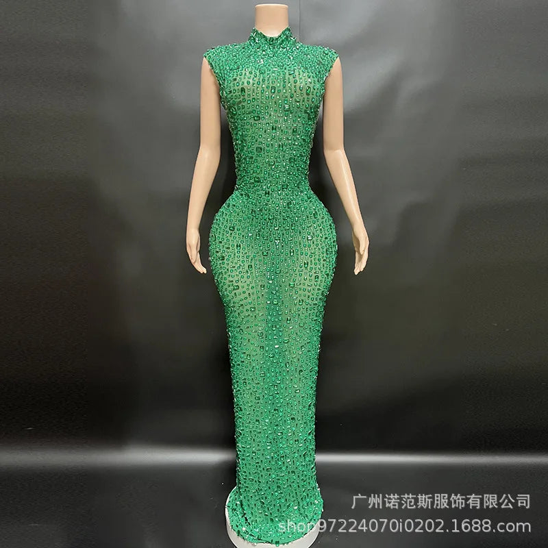 Sexy Full Drill Elastic Slim Fit Sleeveless Long Dress - Hip Wrap, For Host Stage Catwalk & Engagement Evening High-Slit Dresses Badiee Stylez