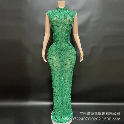 Sexy Full Drill Elastic Slim Fit Sleeveless Long Dress - Hip Wrap, For Host Stage Catwalk & Engagement Evening High-Slit Dresses Badiee Stylez