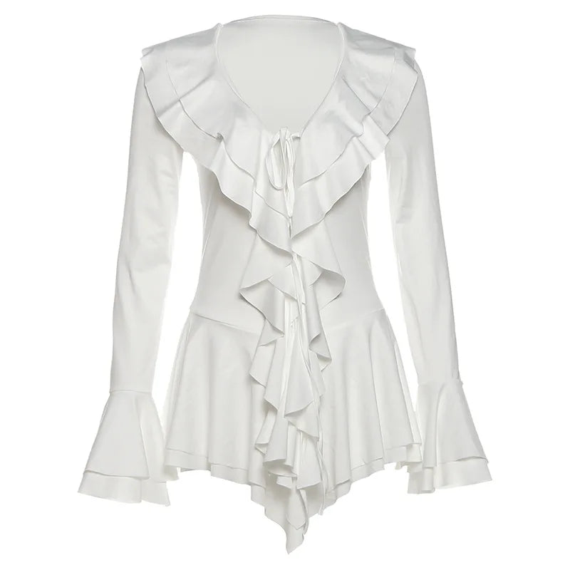 2025 New Autumn Irregular Hem Dress Women Y2K Flare Sleeve V-Neck Bandage Stretch Elegant Birthday Party Chic Hipster Bodycon Badiee Stylez