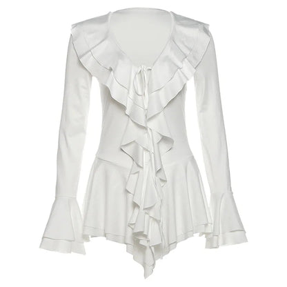 2025 New Autumn Irregular Hem Dress Women Y2K Flare Sleeve V-Neck Bandage Stretch Elegant Birthday Party Chic Hipster Bodycon Badiee Stylez