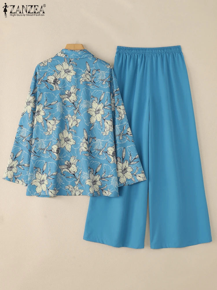 ZANZEA Autumn Vintage Pant Sets Women Fashion 2 Piece Outfits 2025 Elegant Long Sleeve Print Tops and Elastic Waist Pants 2pcs Badiee Stylez